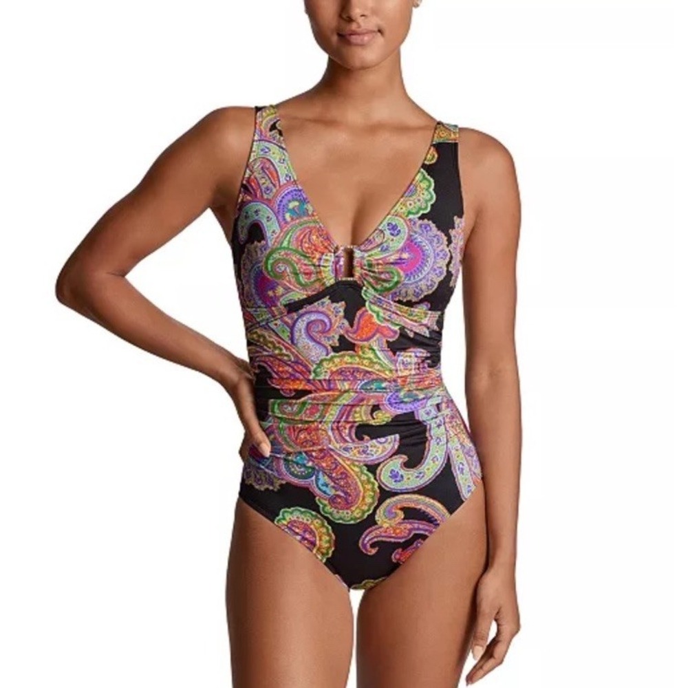 Ralph Lauren Paisley Print Ruched One Piece Swimsuit size 14 New With Tags